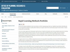 First page of the brief shows a screenshot of the OPRE website with a blue banner and a header that reads Rapid Learning Methods Portfolio.
